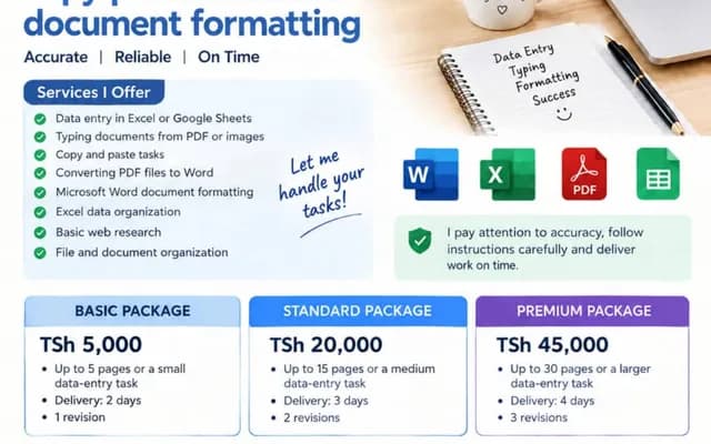 I will do professional data entry, typing, copy paste and document formatting