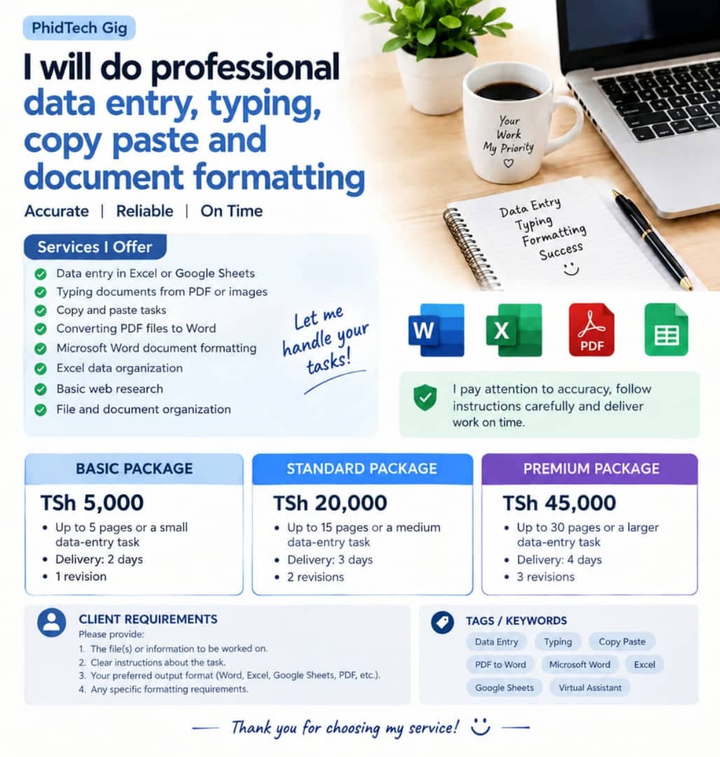 I will do professional data entry, typing, copy paste and document formatting — Mary Musomi on PhidTech
