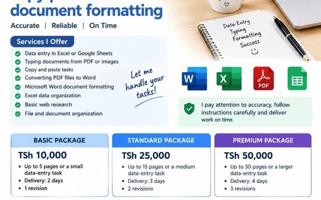 I will do professional data entry, typing, copy paste and document formatting